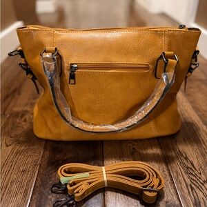 NWT Yellow/Gold Anti-Scratch PU Leather Handbag Tote with Crossbody Option.